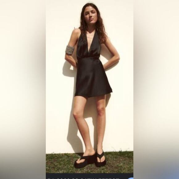 Zara Black SATIN EFFECT Plunged deep V Neckline MINI DRESS  NWT Size Medium - Picture 3 of 6